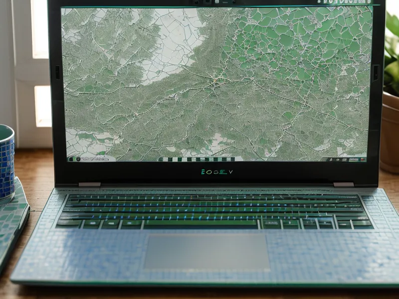 Primer plano de pantalla de laptop con un mapa raster de color verde en RStudio.