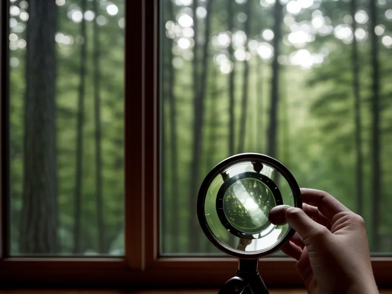 Mano con lupa examinando un mapa de cobertura forestal en pantalla
